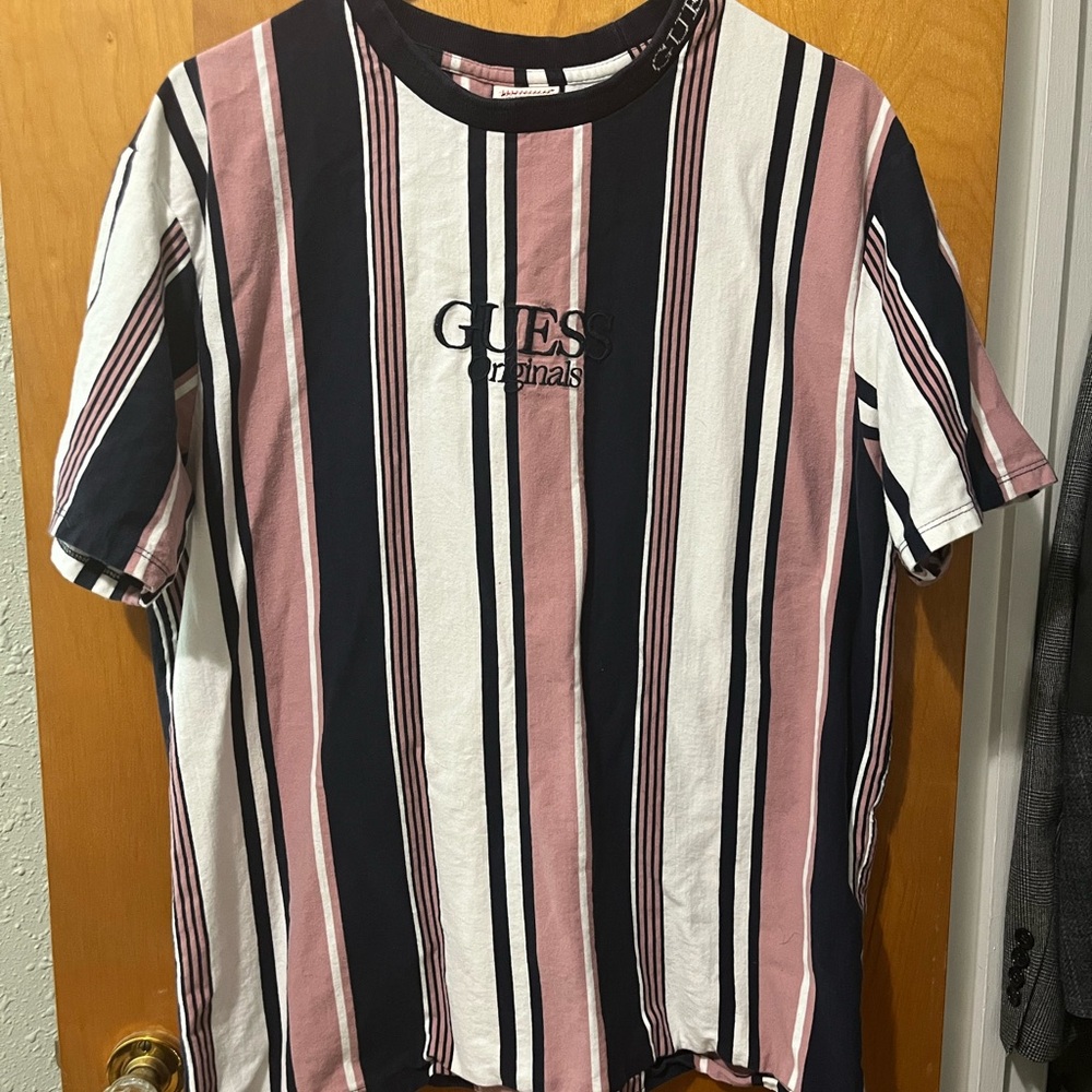 Guess Striped Crewneck Tee — Pink, Blue, White